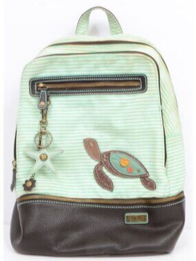 Chala Group Handbags Teal Stripe Backpack with Detachable Charm, Turtle Lovers